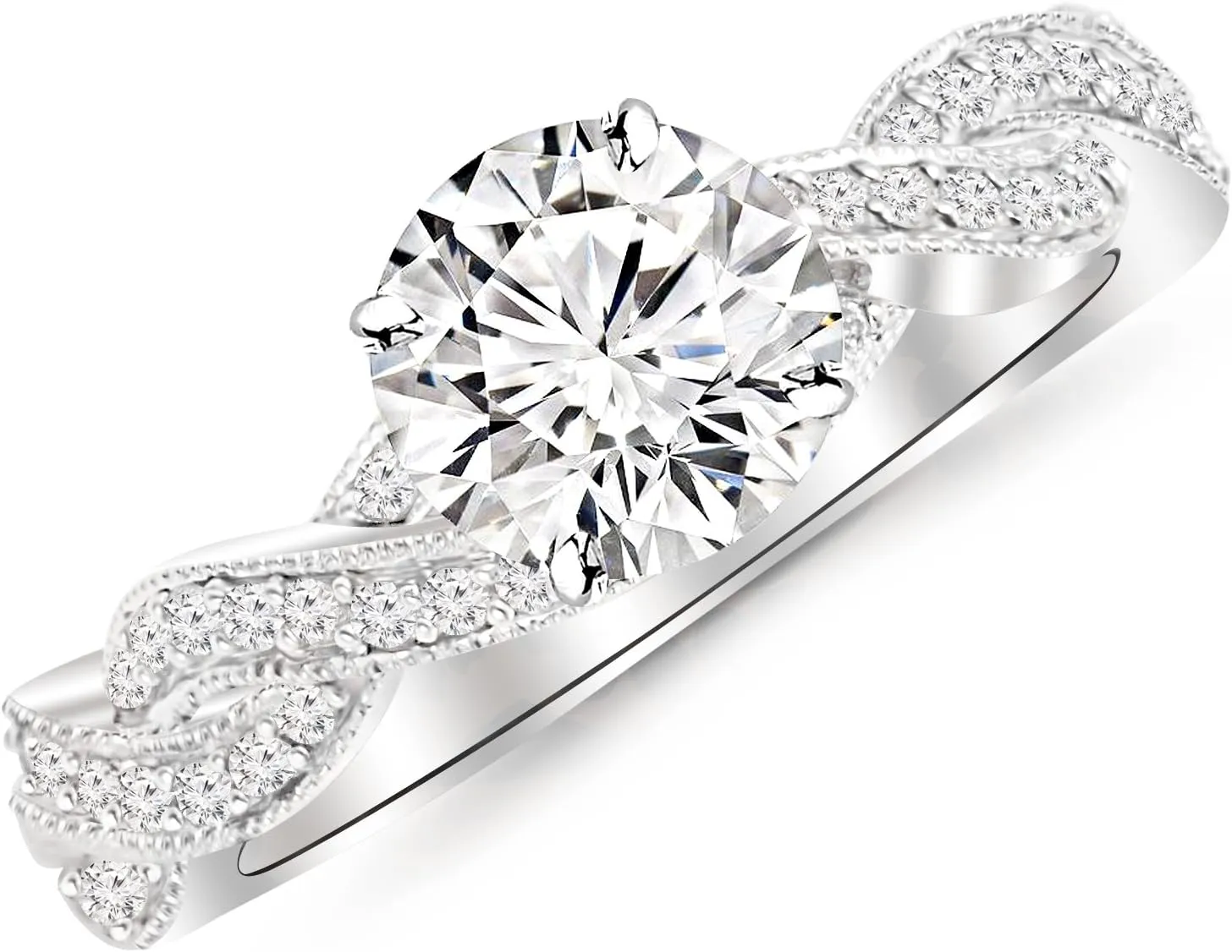 0.61 Carat Twisting Designer Eternity Love Split Shank Diamond Engagement Ring With Milgrain with a 0.33 Carat I-J VS1-VS2 Center