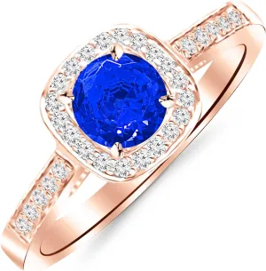 0.73 Carat 14K White Gold Classic Square Halo Single Row Pave Set Diamond Engaement Ring with a 0.5 Carat Natural Blue Sapphire Center (Heirloom Quality)