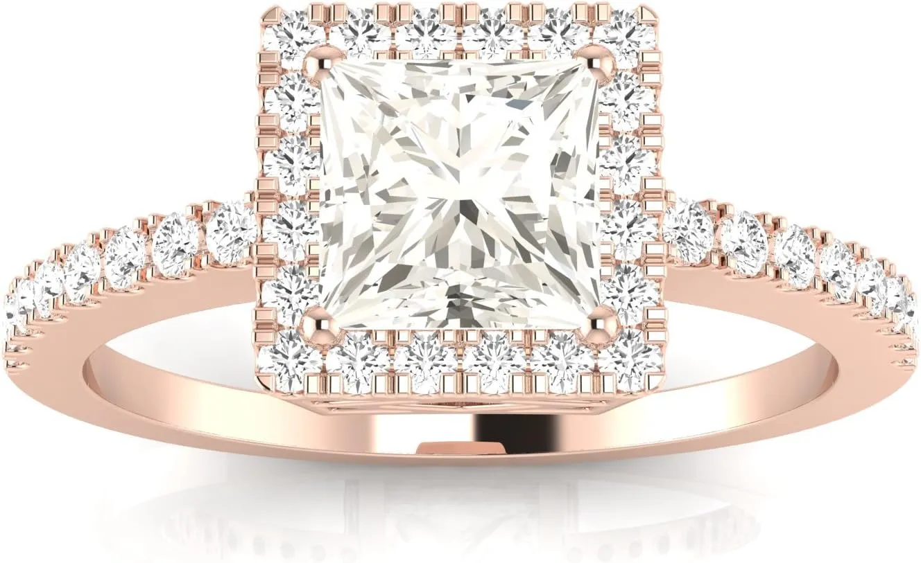1 Carat 14K White Gold Square Halo Style Single Row Princess Cut Diamond Engagement Ring (H Color SI1 Clarity Center Stones)