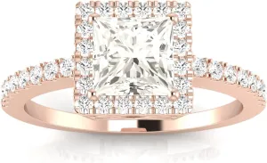 1 Carat 14K White Gold Square Halo Style Single Row Princess Cut Diamond Engagement Ring (H Color SI1 Clarity Center Stones)