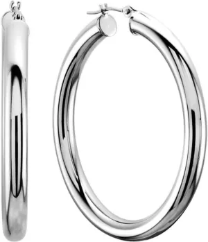 10k White Gold 3mm Shiny Round Tube Hoop Earrings, Diameter 15mm