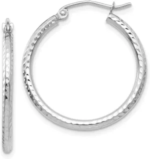 10k White Gold Sparkle Cut 2mm Round Tube Hoop Earrings 25mm Long 2mm Thick-Hoop Earring for Women