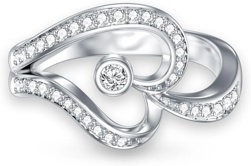 1/14 Carat Diamond Heart Promise Ring for Women D Color VVS Clarity 18K Gold Plated 925 Sterling Silver Love Statement Ring