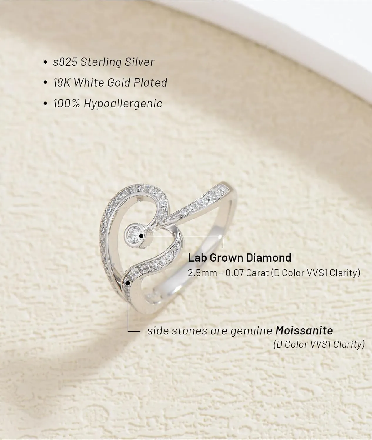 1/14 Carat Diamond Heart Promise Ring for Women D Color VVS Clarity 18K Gold Plated 925 Sterling Silver Love Statement Ring