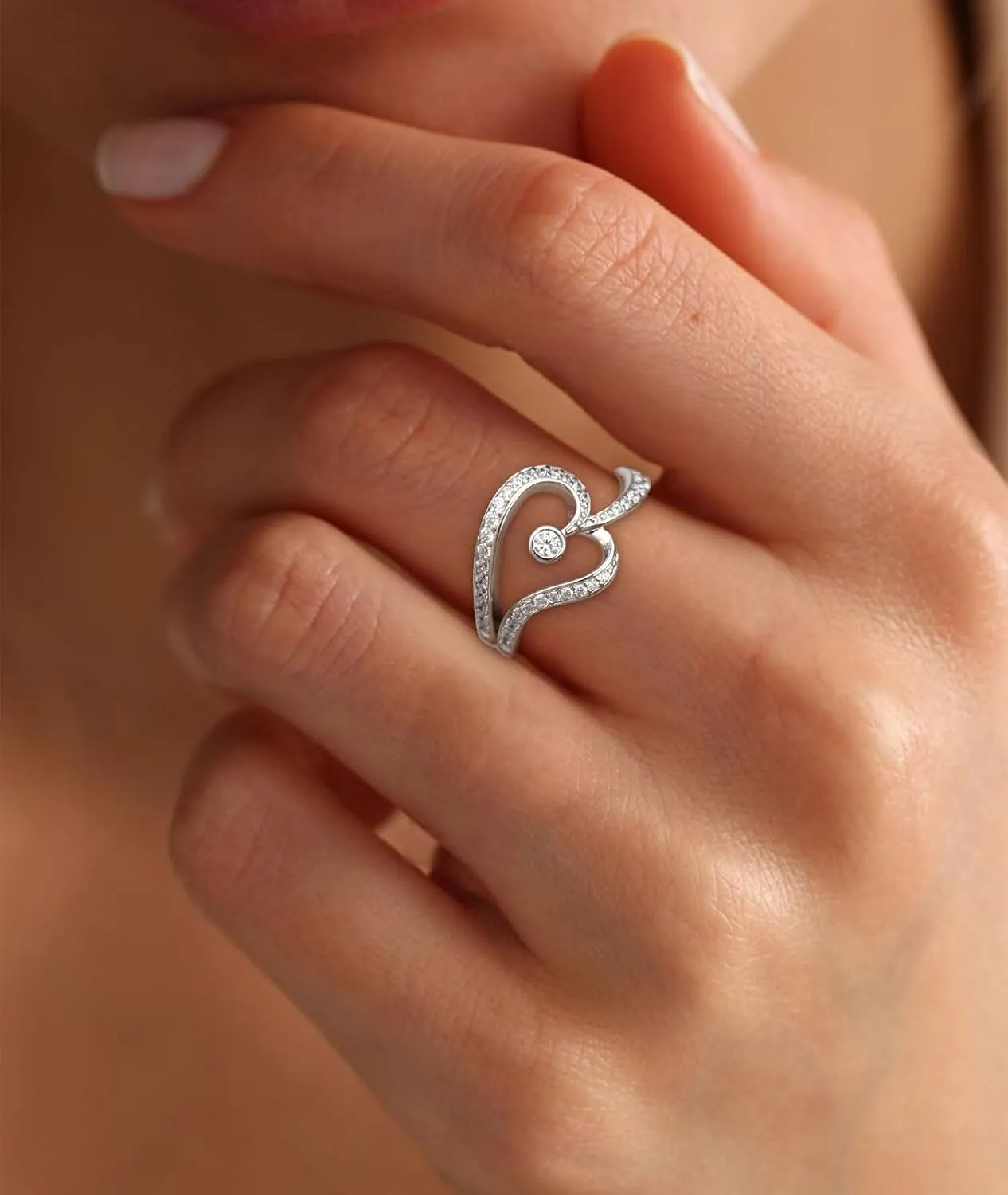 1/14 Carat Diamond Heart Promise Ring for Women D Color VVS Clarity 18K Gold Plated 925 Sterling Silver Love Statement Ring