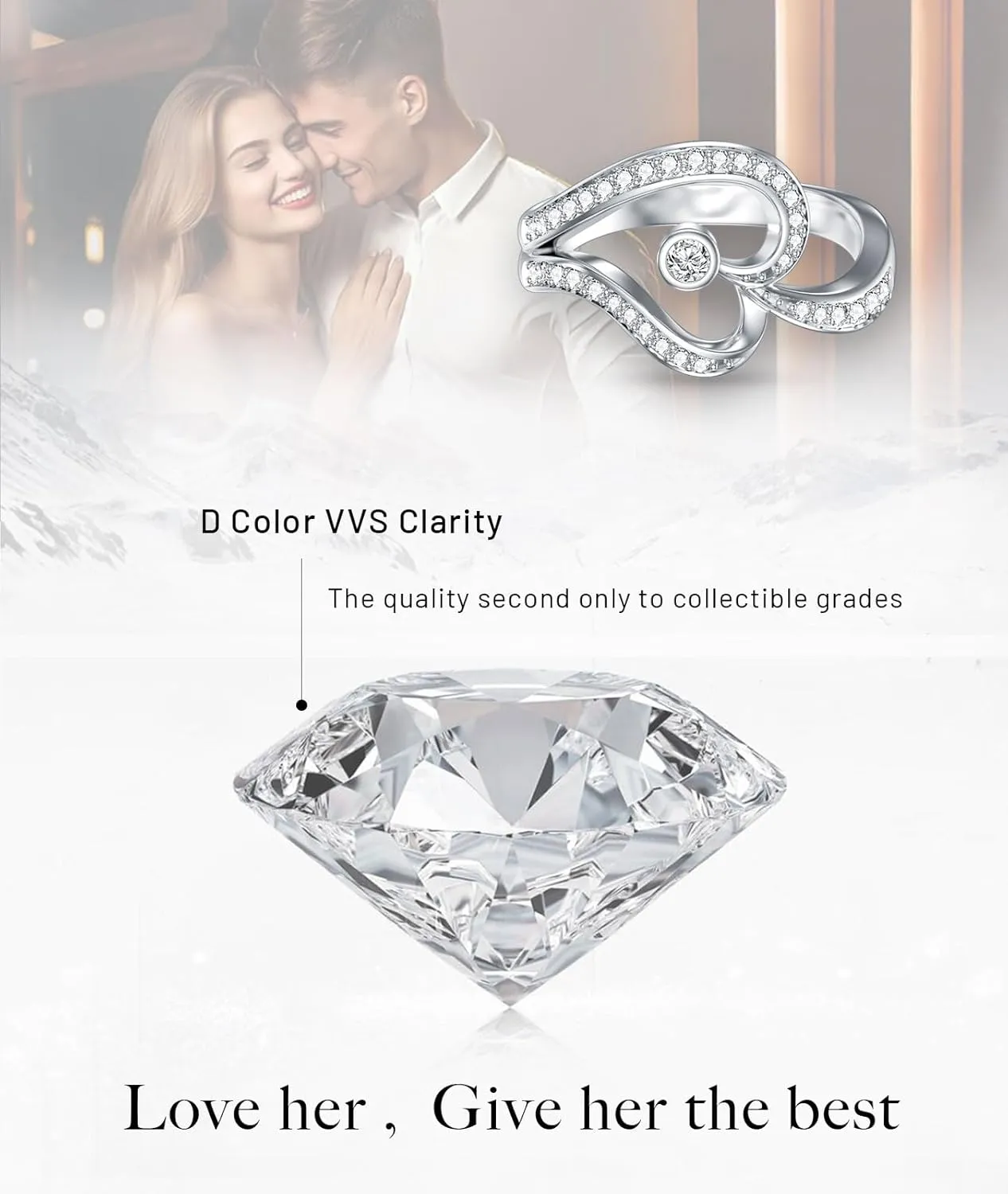 1/14 Carat Diamond Heart Promise Ring for Women D Color VVS Clarity 18K Gold Plated 925 Sterling Silver Love Statement Ring