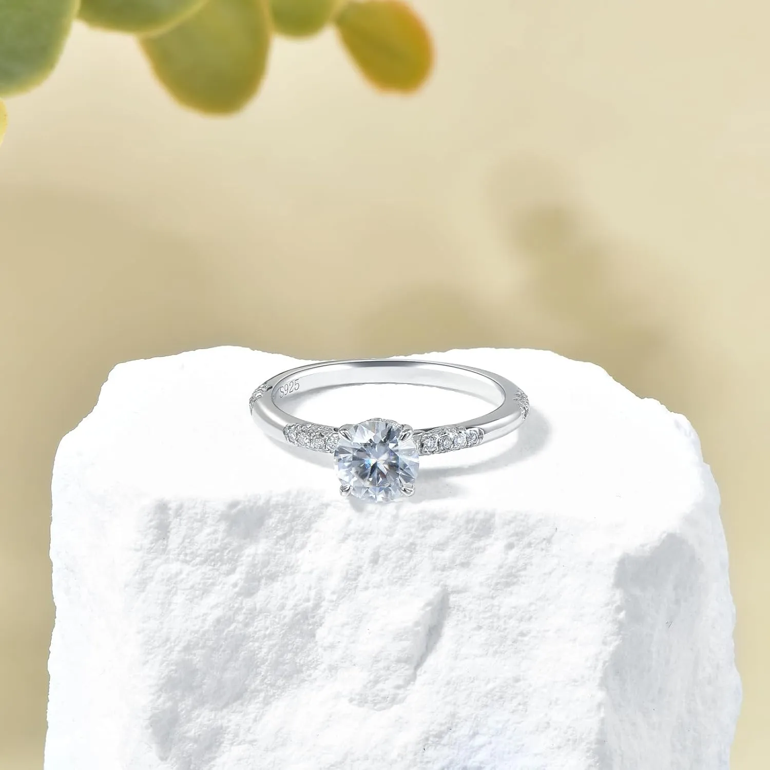 1.17 Carat Moissanite and Lab Grown Diamond Engagement Rings Platinum Plated Silver Diamond Rings for Women (D Color, VVS Clarity)