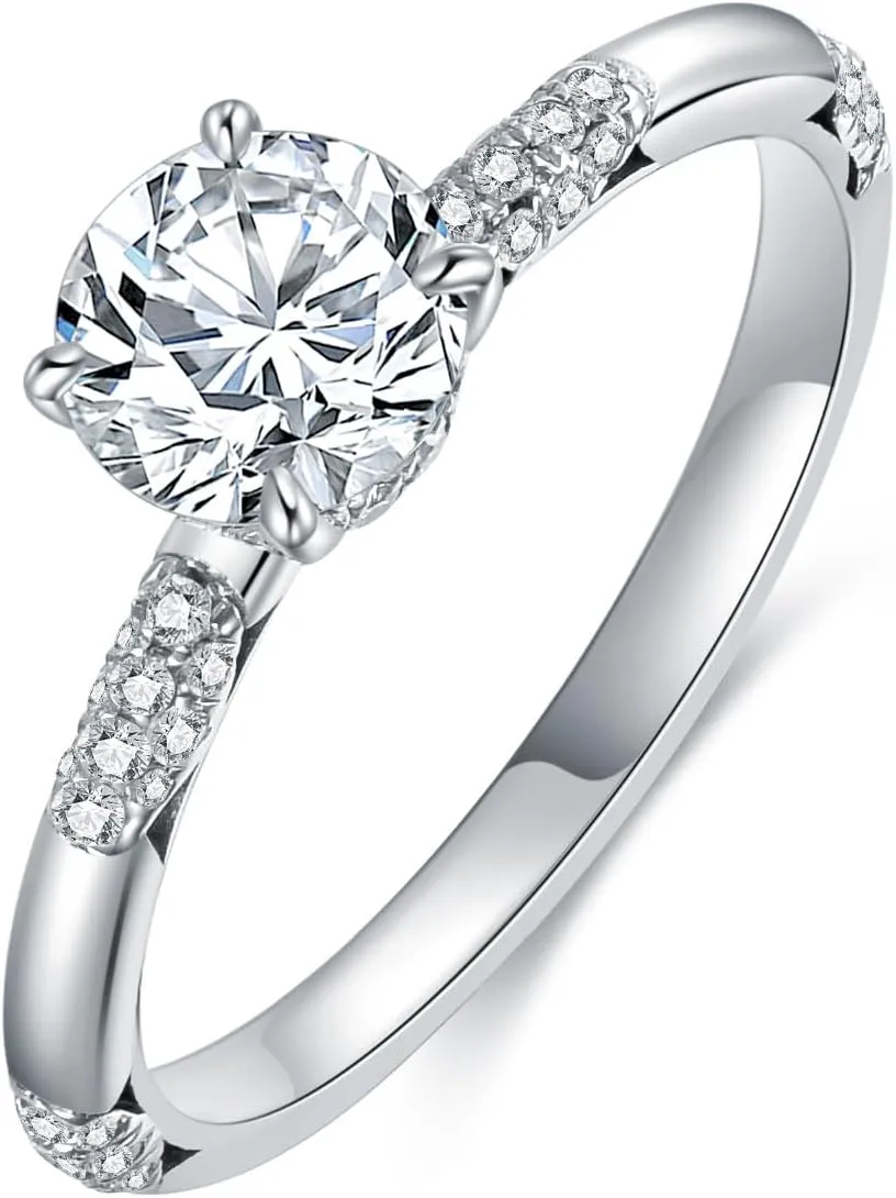 1.17 Carat Moissanite and Lab Grown Diamond Engagement Rings Platinum Plated Silver Diamond Rings for Women (D Color, VVS Clarity)