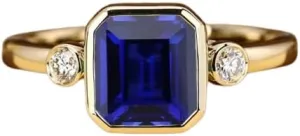 1.20 Ct Emerald Blue Sapphire Diamond Unique Three Stone Bezel Set Solitaire Engagement Ring 14k Gold Plated Elegant Wedding Ring 925 Sterling Silver Handmade Proposal Ring