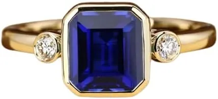 1.20 Ct Emerald Blue Sapphire Diamond Unique Three Stone Bezel Set Solitaire Engagement Ring 14k Gold Plated Elegant Wedding Ring 925 Sterling Silver Handmade Proposal Ring