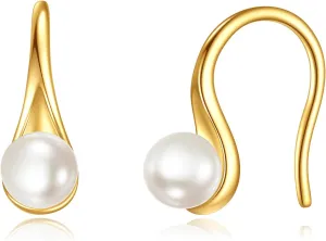 14K Gold AAA Freshwater Pearl Earrings Solid Gold Dangle Drop 6MM Pearl Earrings Jewelry Gifts for Women Girls