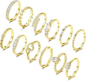 14K Gold Filled Stackable Rings for Women Opal Cross CZ Wedding Bands Rings Dainty Plain Gold Knuckle Rings Set Comfort Fit Size 6-10