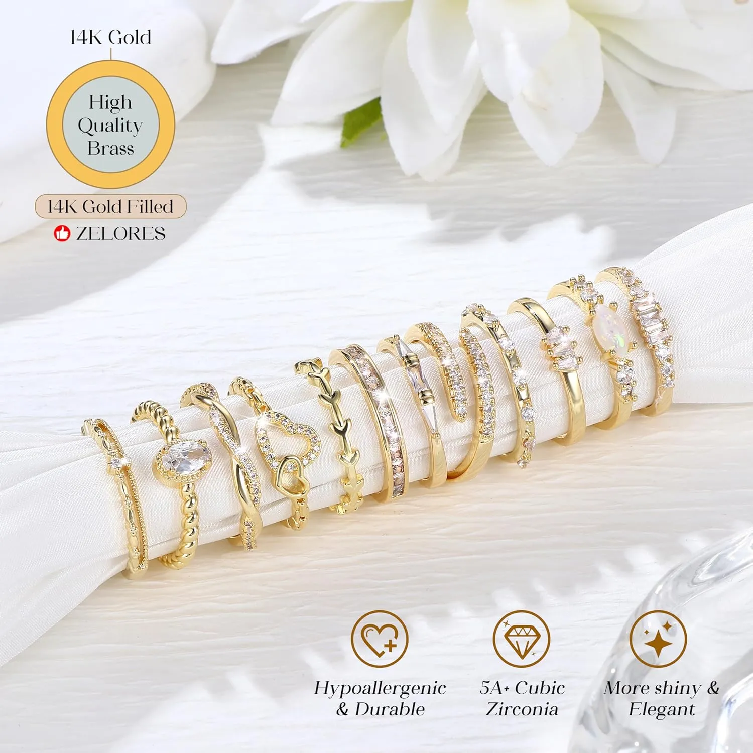 14K Gold Filled Stackable Rings for Women Opal Cross CZ Wedding Bands Rings Dainty Plain Gold Knuckle Rings Set Comfort Fit Size 6-10