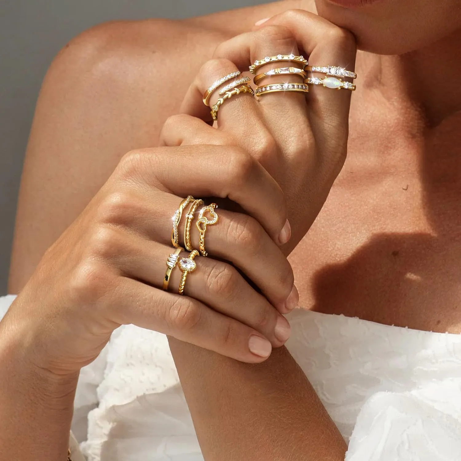 14K Gold Filled Stackable Rings for Women Opal Cross CZ Wedding Bands Rings Dainty Plain Gold Knuckle Rings Set Comfort Fit Size 6-10