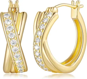 14K Gold Hoop Earrings 14K Gold Earrings for Women Thick Small Diamond Hoop Earring X-shaped Hoops Earring for Women 17MM