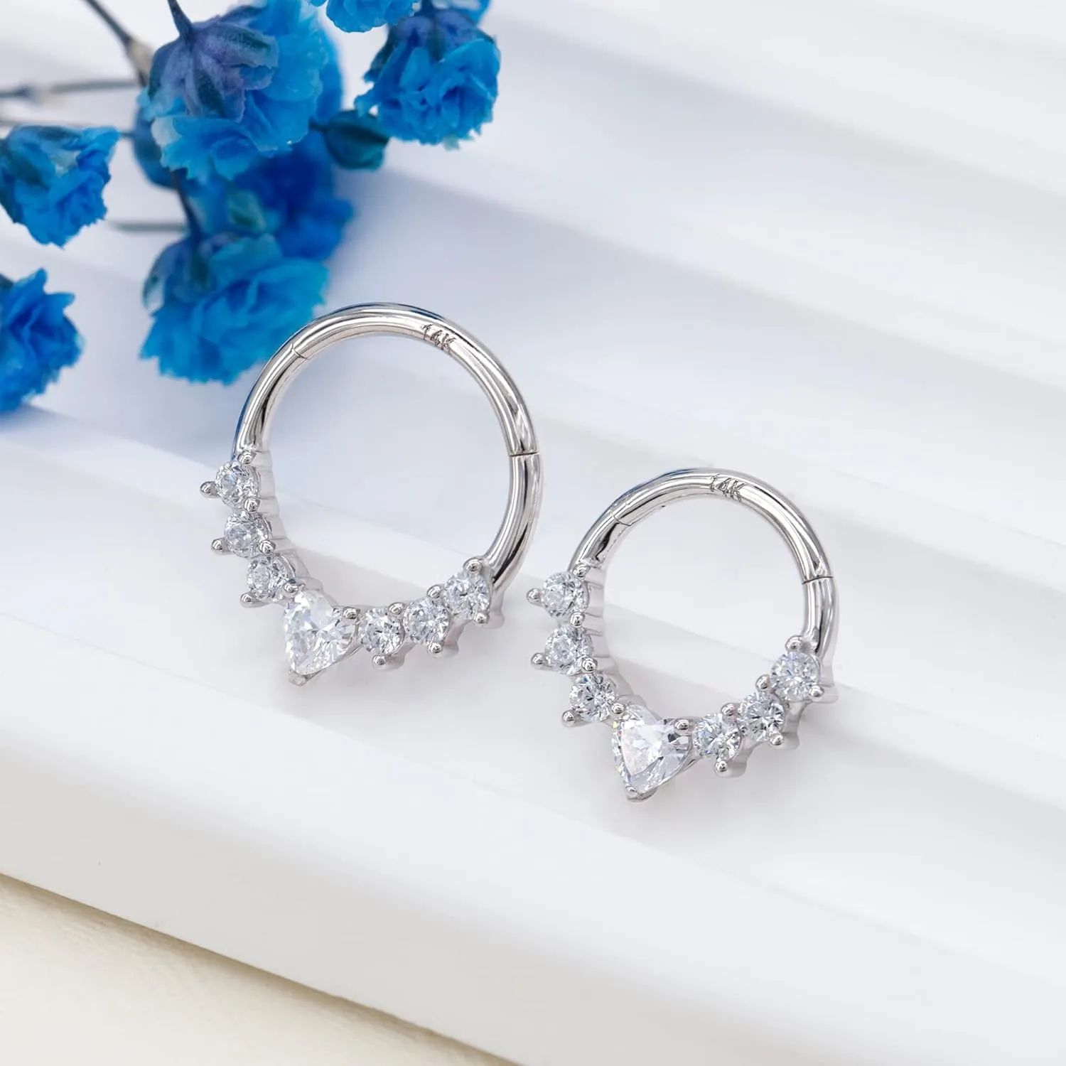 14K Solid Gold Septum Ring, Cartilage Earrings Hoop for Women, Heart CZ, 16G 8mm/10mm Nose Rings Hoop, Daith, Helix, Tragus Piercing Jewelry, Hypoallergenic