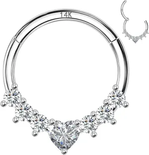 14K Solid Gold Septum Ring, Cartilage Earrings Hoop for Women, Heart CZ, 16G 8mm/10mm Nose Rings Hoop, Daith, Helix, Tragus Piercing Jewelry, Hypoallergenic