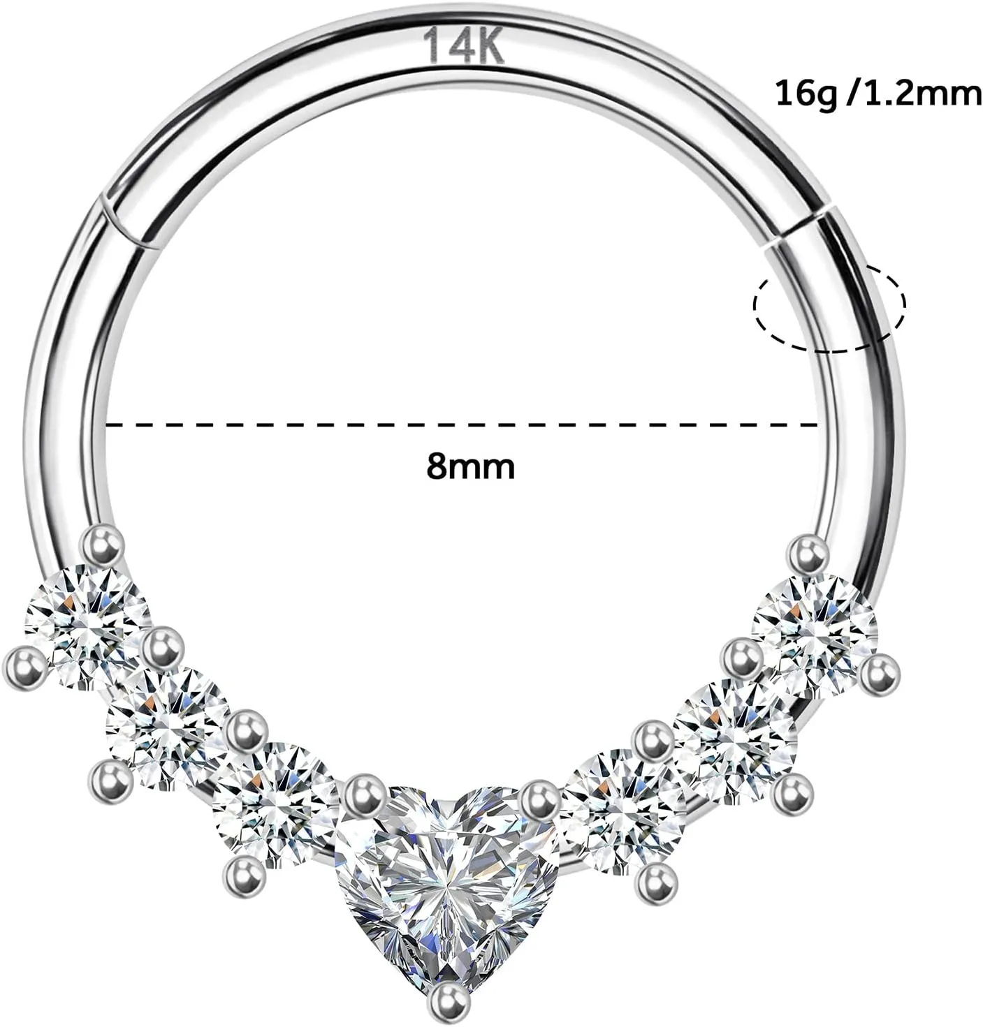 14K Solid Gold Septum Ring, Cartilage Earrings Hoop for Women, Heart CZ, 16G 8mm/10mm Nose Rings Hoop, Daith, Helix, Tragus Piercing Jewelry, Hypoallergenic