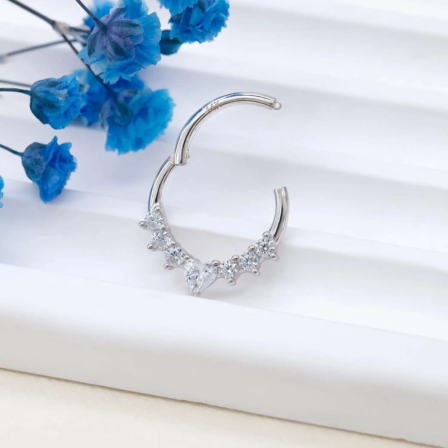 14K Solid Gold Septum Ring, Cartilage Earrings Hoop for Women, Heart CZ, 16G 8mm/10mm Nose Rings Hoop, Daith, Helix, Tragus Piercing Jewelry, Hypoallergenic