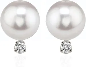 14K Yellow Gold AAA Quality Genuine Akoya Saltwater Cultured Pearl and Diamond Stud Earrings for Women