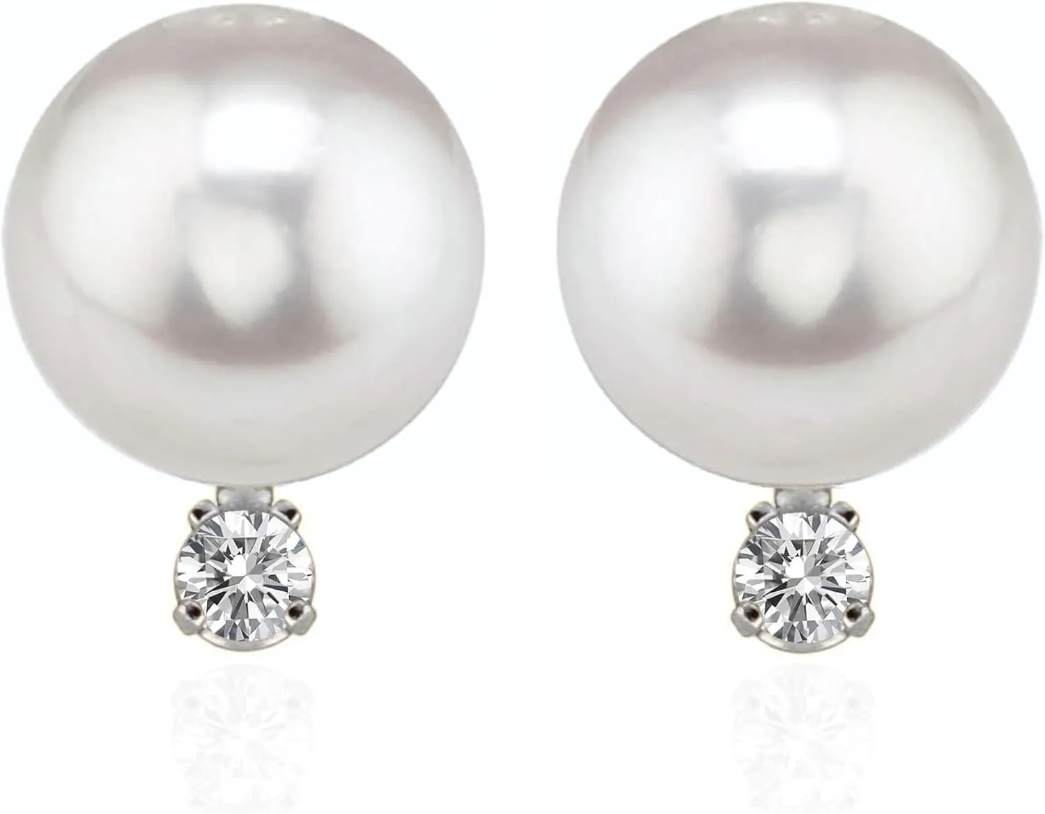 14K Yellow Gold AAA Quality Genuine Akoya Saltwater Cultured Pearl and Diamond Stud Earrings for Women