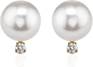 14K Yellow Gold AAA Quality Genuine Akoya Saltwater Cultured Pearl and Diamond Stud Earrings for Women