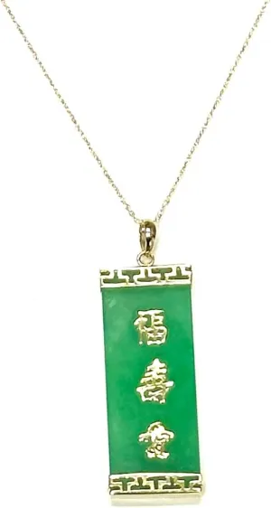 14K Yellow Gold Genuine Green Jade Pendant Necklace with Chinese Symbols