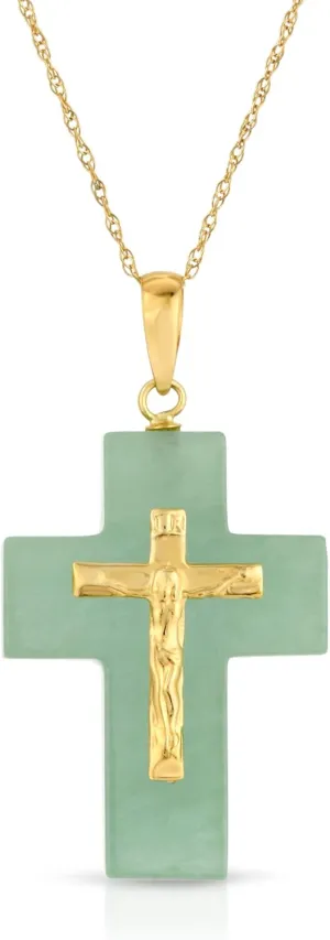 14K Yellow Gold Genuine Jade and 14K Yellow Gold Crucifix Cross Pendant Necklace 17"