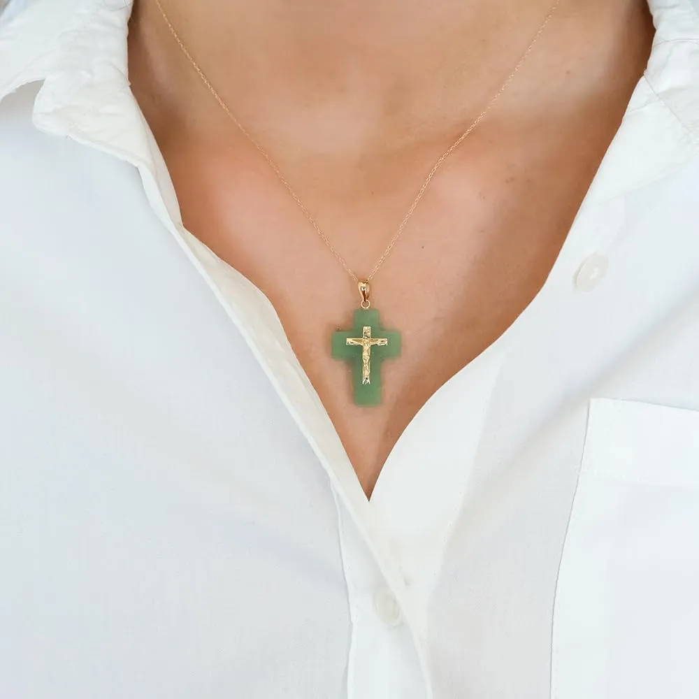 14K Yellow Gold Genuine Jade and 14K Yellow Gold Crucifix Cross Pendant Necklace 17"