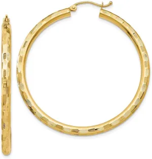 14k Yellow Gold Textured Hoop Earrings 45mm long 3mm Thick-Hoop Earring for Women