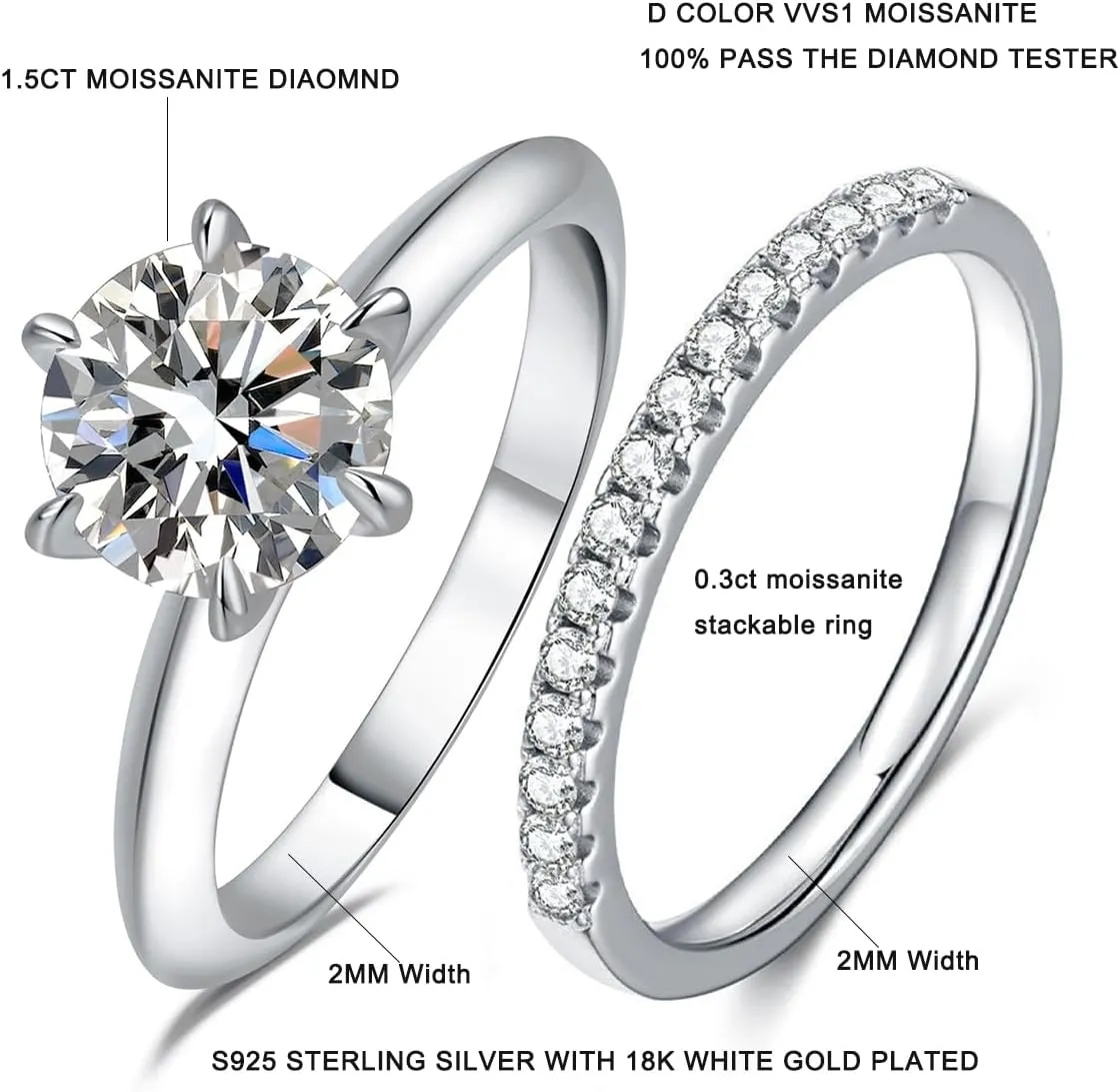 1.5CT Center Moissanite Stackable Engagement Rings Eternity Promise Wedding Ring 925 Sterling Silver Bridal Rings Sets for Women