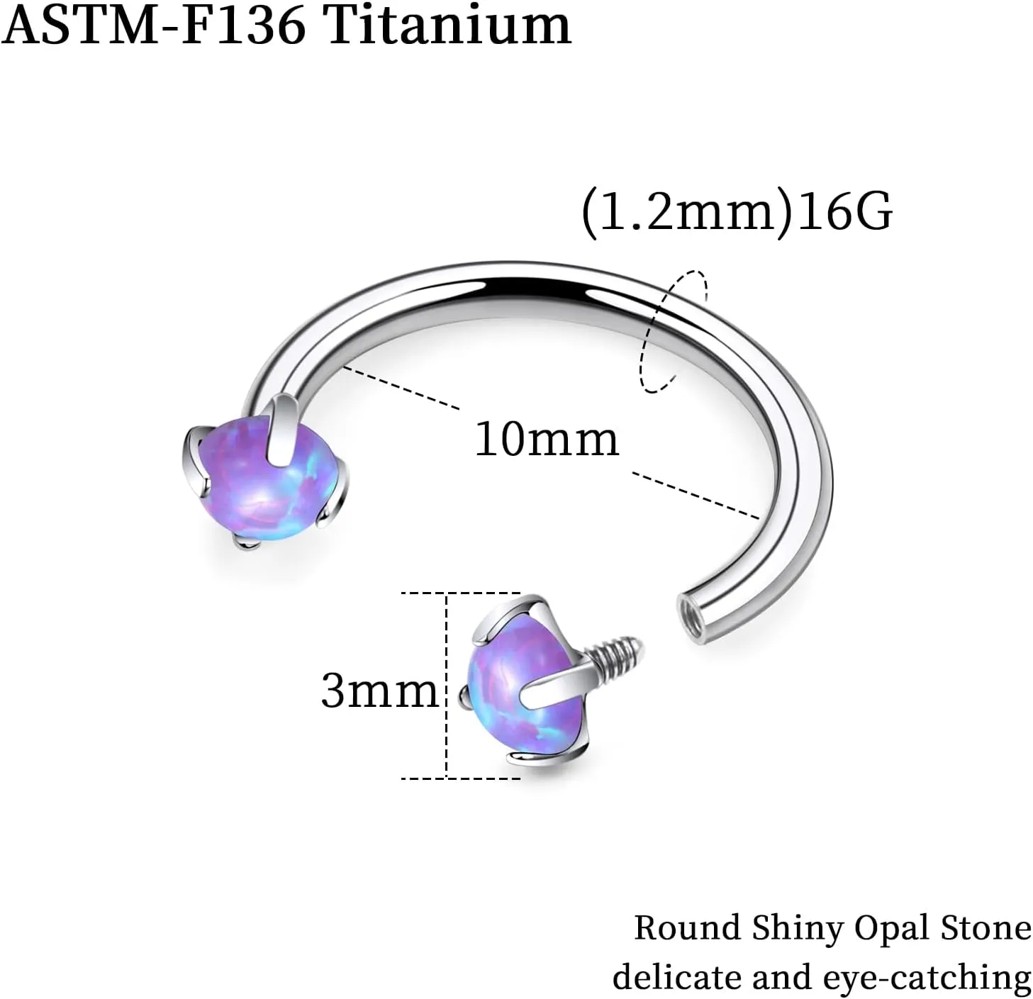 16G F136 Titanium Internal Thread Horseshoe Septum Nose Ring Piercing Jewelry Circular Barbell Helix Snug Tragus Rook Daith Cartilage Earring Lip Ring Piercing Jewelry for Women Men Opal