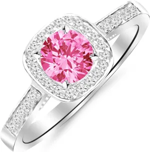 1.73 Carat 14K White Gold Classic Square Halo Single Row Pave Set Diamond Engaement Ring with a 1.5 Carat Natural Pink Sapphire Center (Heirloom Quality)
