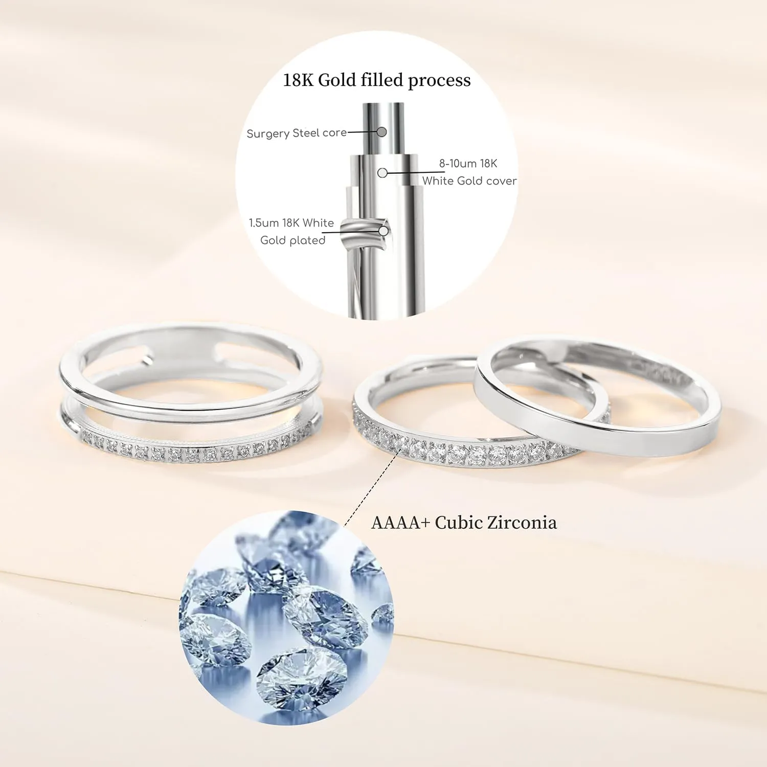 18K Gold Filled Rings for Women Dainty Cubic Zirconia Dual Stacking Stackable 3 Rings Set | Eternity Band for Women | Thin Gold wedding band Thumb Ring