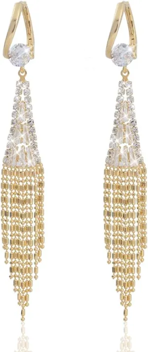 18K Gold Plated Chandelier Dangle Earrings for Women with Cubic Zirconia Drop and Crystal Fringe Tassels