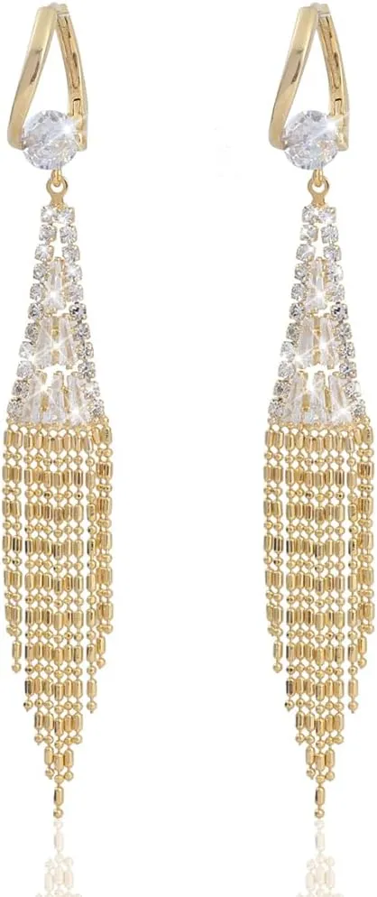 18K Gold Plated Chandelier Dangle Earrings for Women with Cubic Zirconia Drop and Crystal Fringe Tassels