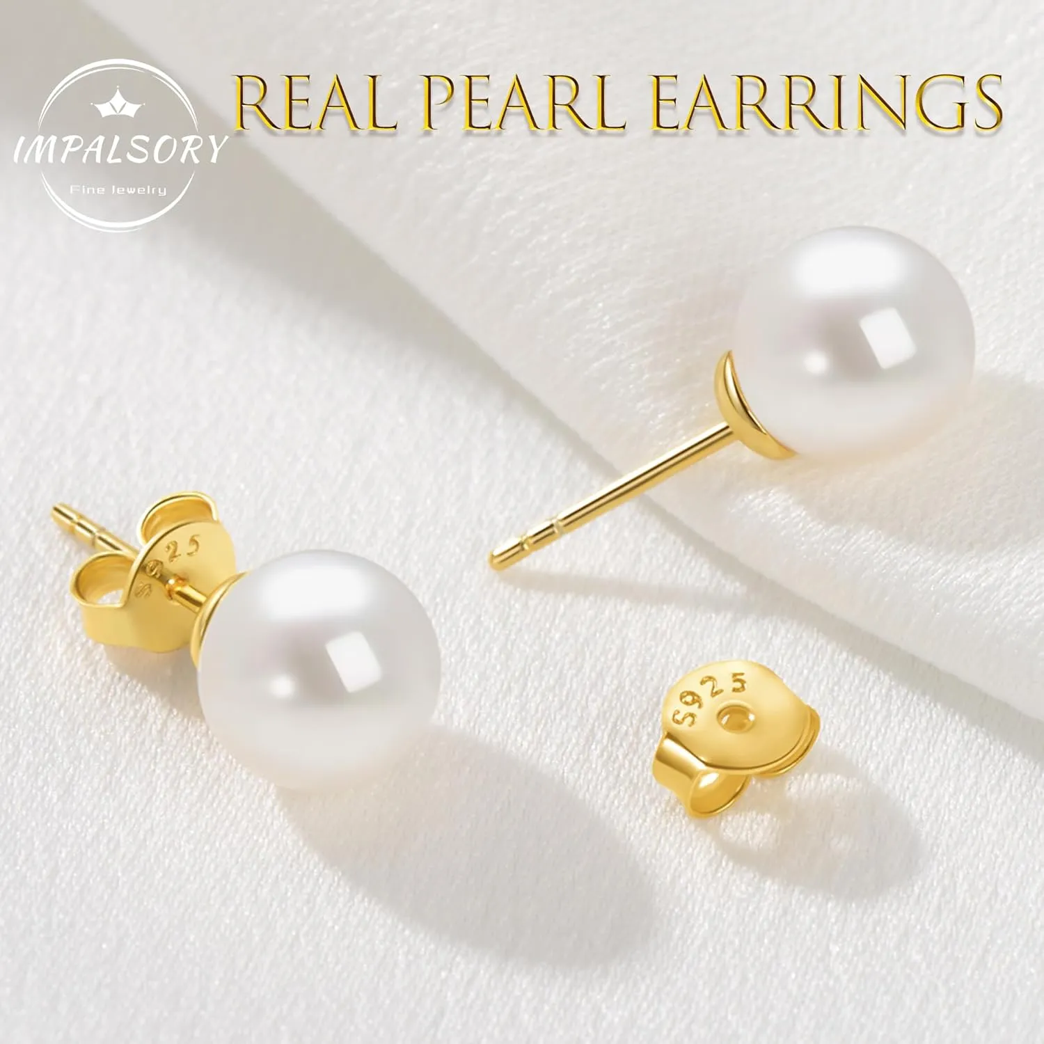 18K Gold Plated Round White Freshwater Cultured Pearl Earrings Studs for Women