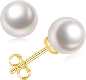 18K Gold Plated Round White Freshwater Cultured Pearl Earrings Studs for Women