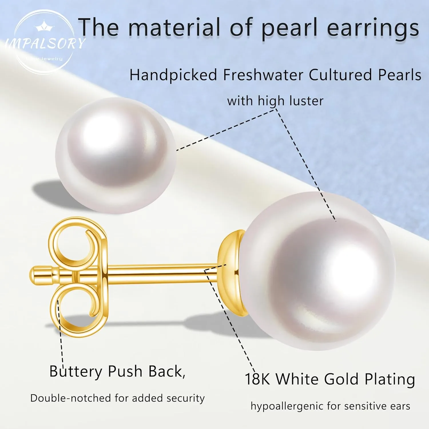 18K Gold Plated Round White Freshwater Cultured Pearl Earrings Studs for Women