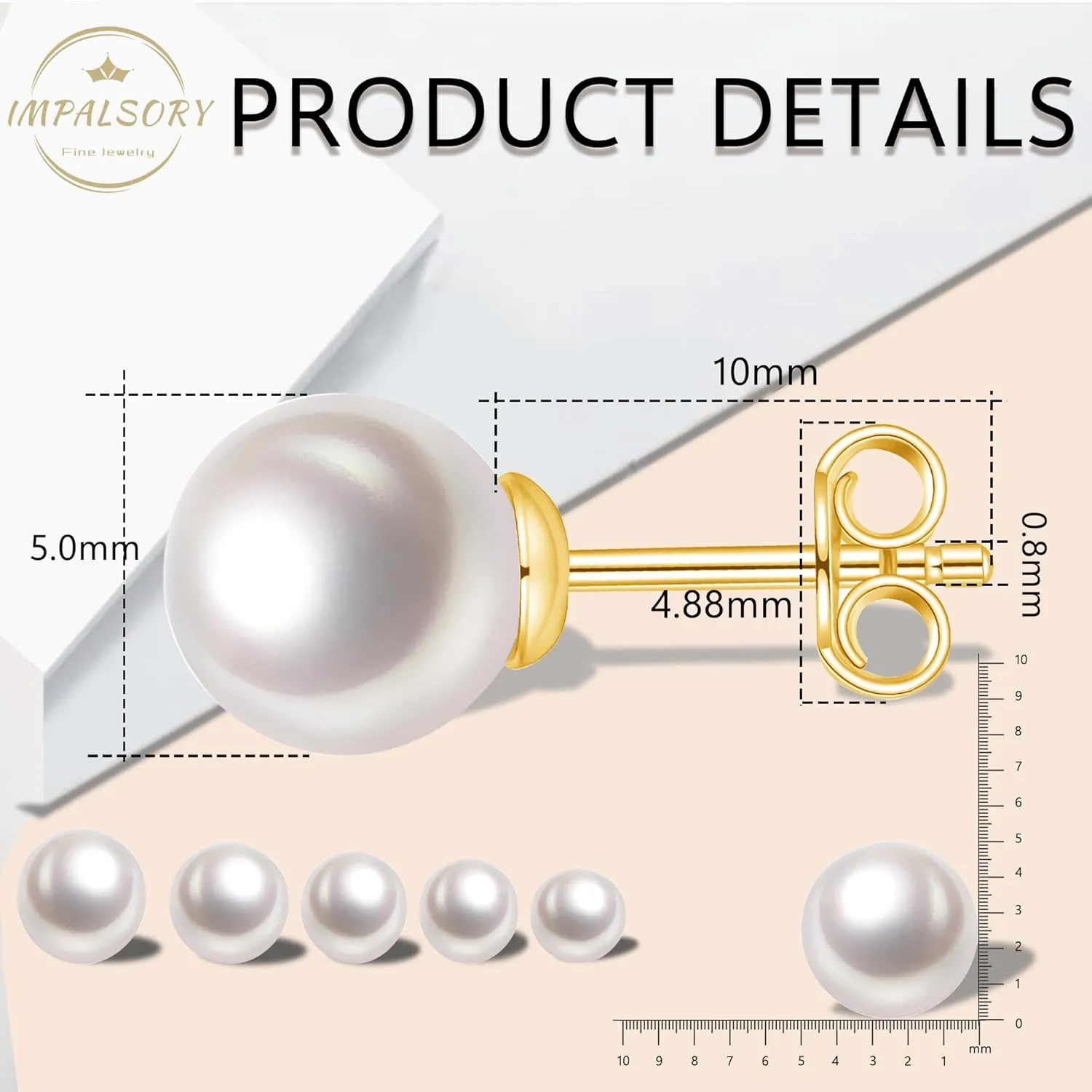18K Gold Plated Round White Freshwater Cultured Pearl Earrings Studs for Women