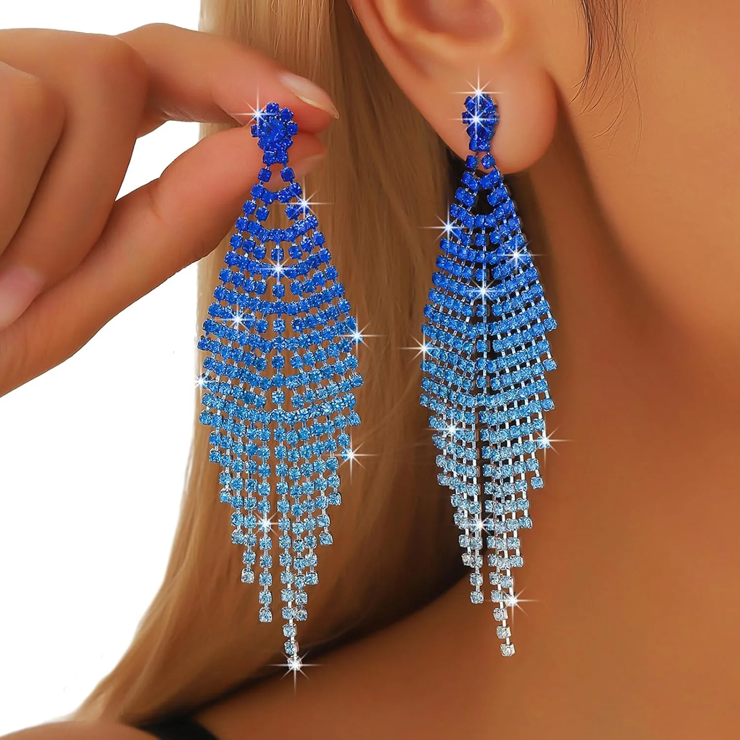 1Pair Luxury Rhinestone Tassel Dangle Earrings Bridal Wedding Long Crystal Drop Earrings Festival Rave Party Rhinestone Stud Earrings Body Jewelry for Women