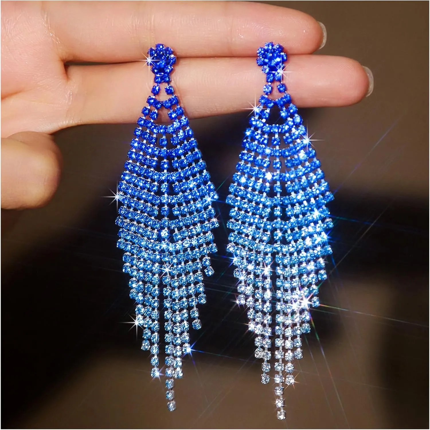 1Pair Luxury Rhinestone Tassel Dangle Earrings Bridal Wedding Long Crystal Drop Earrings Festival Rave Party Rhinestone Stud Earrings Body Jewelry for Women