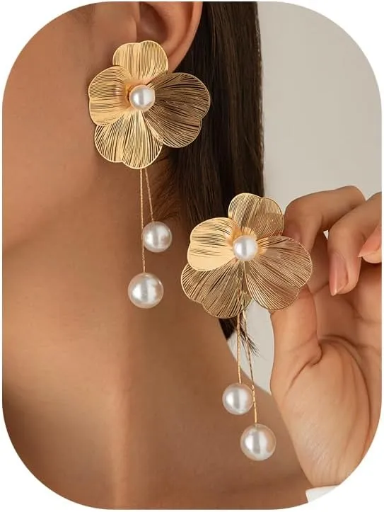 1Pair Vintage Flower Long Tassel Pearl Drop Earrings Summer Metal Pearl Piercing Earrings Bridal Wedding Drop Earrings Statement Flower Stud Jewelry for Women