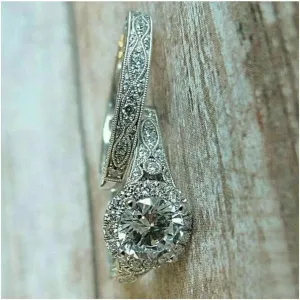 2 Ct Round Diamond 1920s Antique Art Deco Edwardian Bridal Engagement Ring Set For Women 14K Gold Plated Vintage Stacking Matching Anniversary Band Set 925 Sterling Silver Handmade Anniversary Band