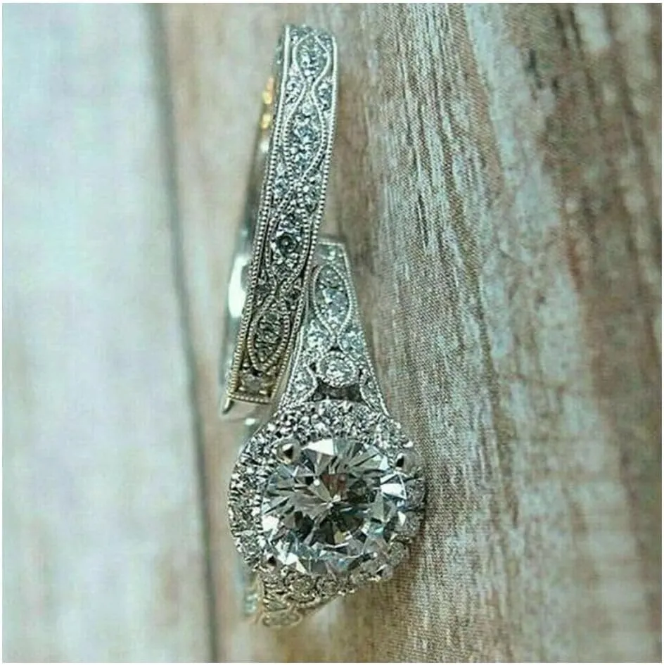 2 Ct Round Diamond 1920s Antique Art Deco Edwardian Bridal Engagement Ring Set For Women 14K Gold Plated Vintage Stacking Matching Anniversary Band Set 925 Sterling Silver Handmade Anniversary Band