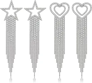 2 Pairs Rhinestone Earrings Sparkly Pave Rhinestone Star Heart Tassel Drop Dangle Earrings Boho Statement Chandelier Earrings Party Jewelry