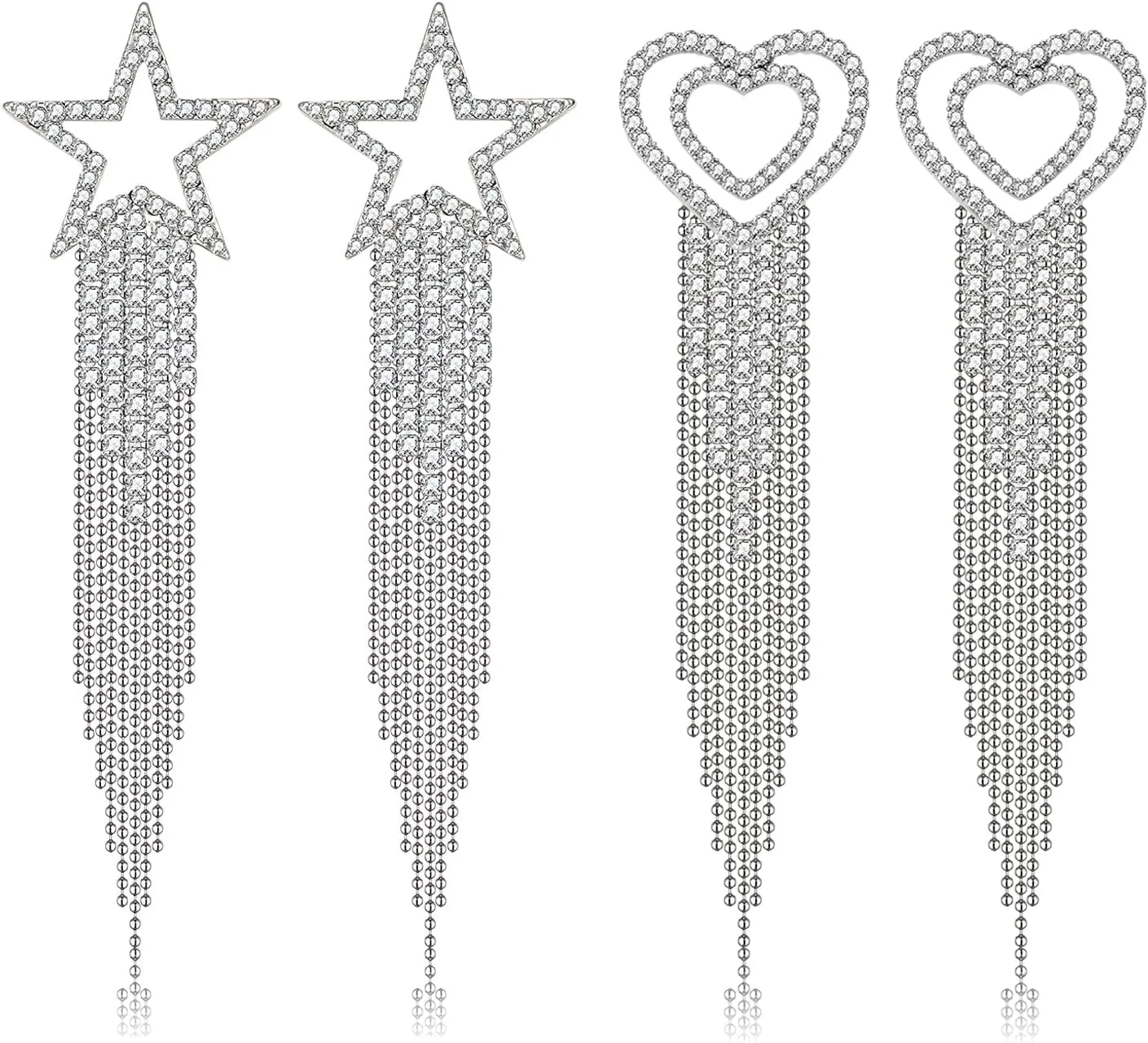2 Pairs Rhinestone Earrings Sparkly Pave Rhinestone Star Heart Tassel Drop Dangle Earrings Boho Statement Chandelier Earrings Party Jewelry