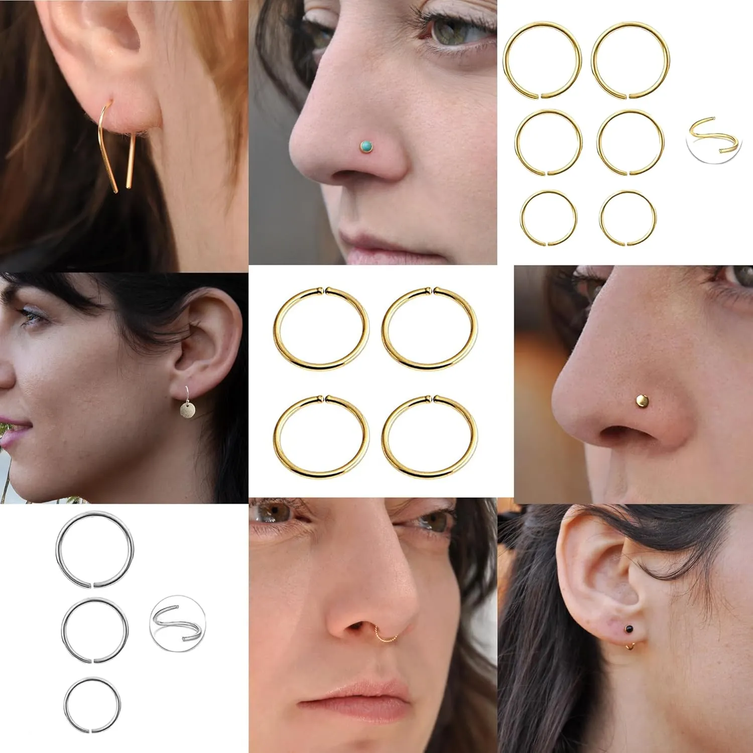 2 Pairs Set Nose Rings Hoop Cartilage Small Hoops Earrings Set for Women Tragus Septum Helix Thin Multiple Piercing (7.5mm/ 20 gauge/ 2 pairs, 14K Gold Filled)