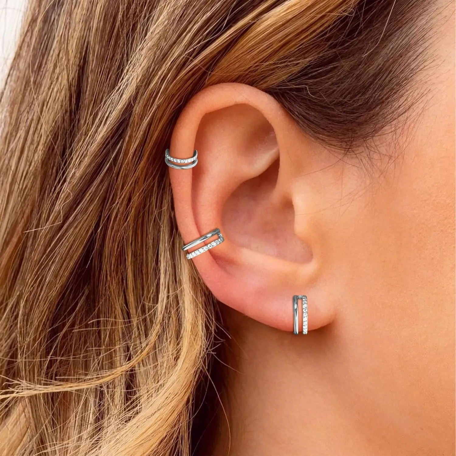 2 PCS Small Cartilage Double-Hoop Helix Conch Piercing Earrings With Cubic Zirconia For Women Trendy 14K Gold Plated Titanium Surgical Stainless Steel Sets Jewelry