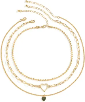 3 Layer Dainty Layered Necklaces for Women, Ball Chain Heart Pendant Layered Gold Necklace Set